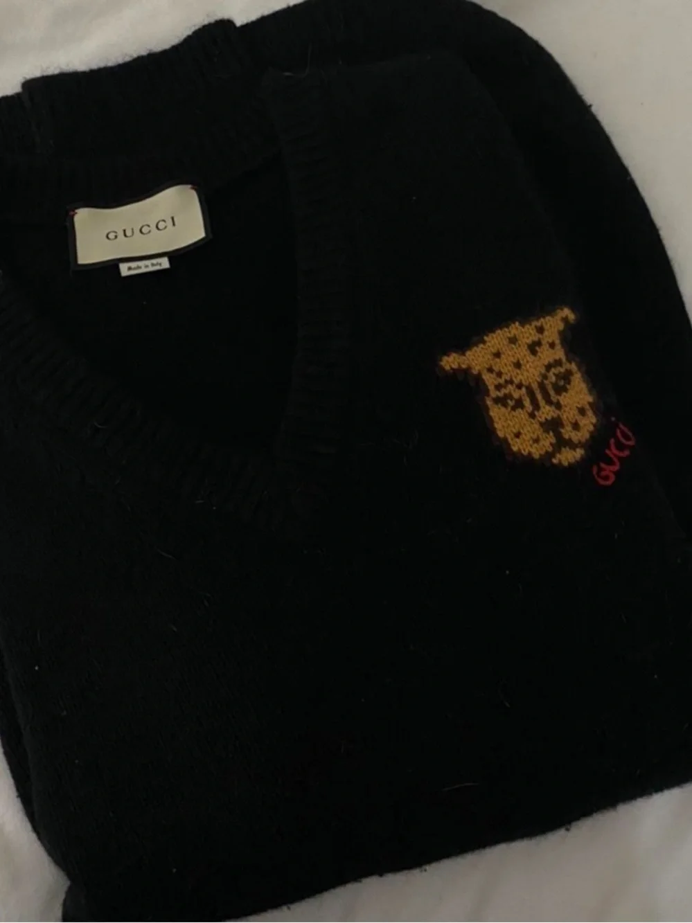 Gucci Black V-Neck Sweater with Gold Leopard Head and Red Logo